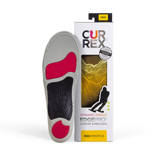 CURREX EDGEPRO insole with gray, red and black base next to black box with yellow insole inside #1-wahle-dein-profil_med