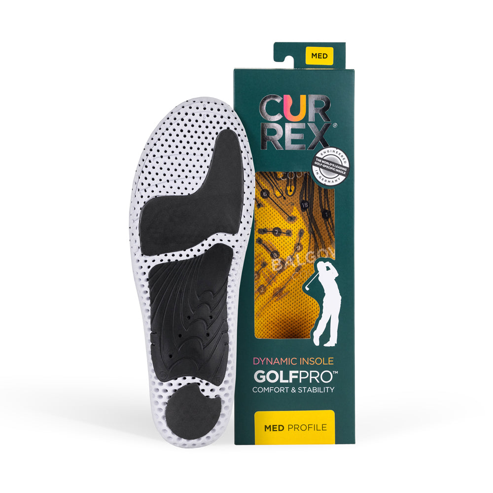 CURREX GOLFPRO insole with white and black base next to dark green box with yellow insole inside #1-wahle-dein-profil_med