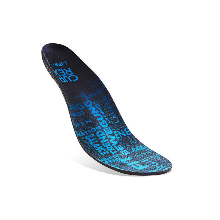 Floating top view of blue colored LIFEFIT high profile insoles with black, white, and blue base #1-wahle-dein-profil_high