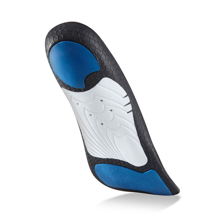 Floating base view of LIFEFIT high profile insoles with white arch support, blue heel pad, blue forefoot cushioning pad, black, white, and blue base #1-wahle-dein-profil_high