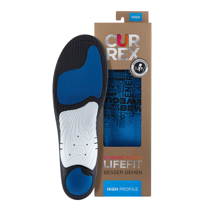 CURREX LIFEFIT insole with black, white, and blue base next to tan box with blue insole inside #1-wahle-dein-profil_high