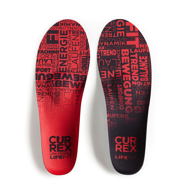 Top view of red colored LIFEFIT low profile pair of insoles #1-wahle-dein-profil_low