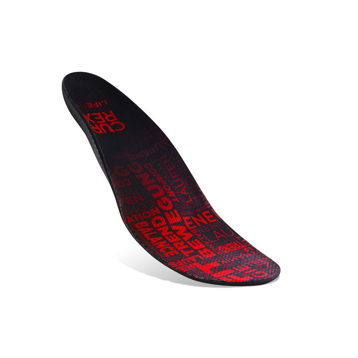 Floating top view of red colored LIFEFIT low profile insoles with black, white, and blue base #1-wahle-dein-profil_low