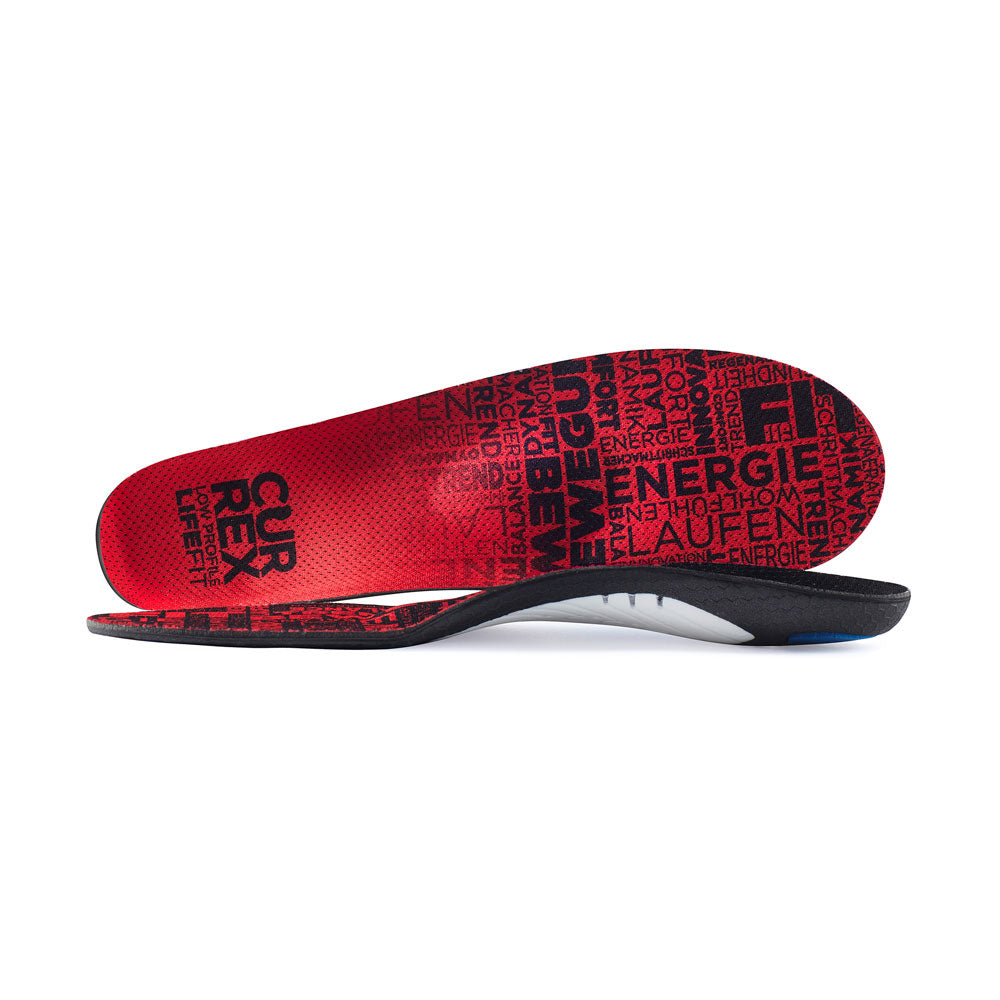 View of pair of red low profile LIFEFIT insoles, one standing on side to show top of insole, second insole set in front showing its profile while toe is facing opposite direction #1-wahle-dein-profil_low