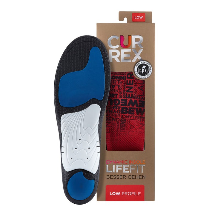 CURREX LIFEFIT insole with black, white, and blue base next to tan box with red insole inside #1-wahle-dein-profil_low