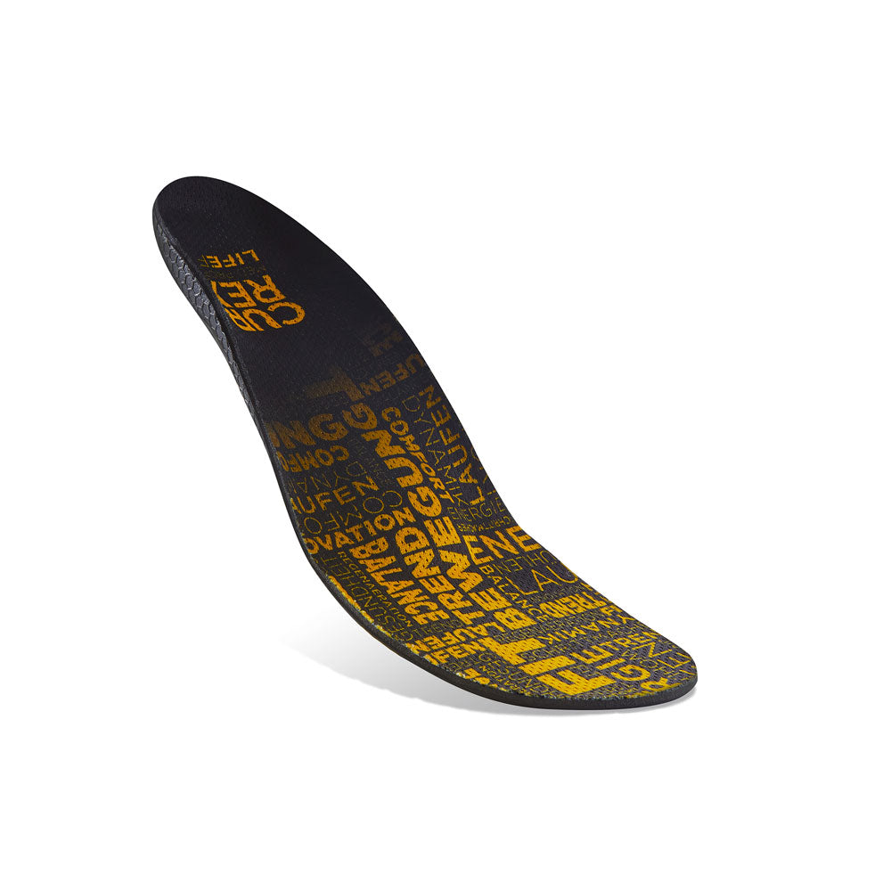 Floating top view of yellow colored LIFEFIT medium profile insoles with black, white, and blue base #1-wahle-dein-profil_med