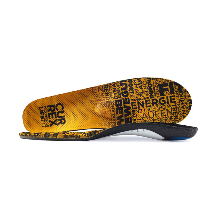 View of pair of yellow medium profile LIFEFIT insoles, one standing on side to show top of insole, second insole set in front showing its profile while toe is facing opposite direction #1-wahle-dein-profil_med