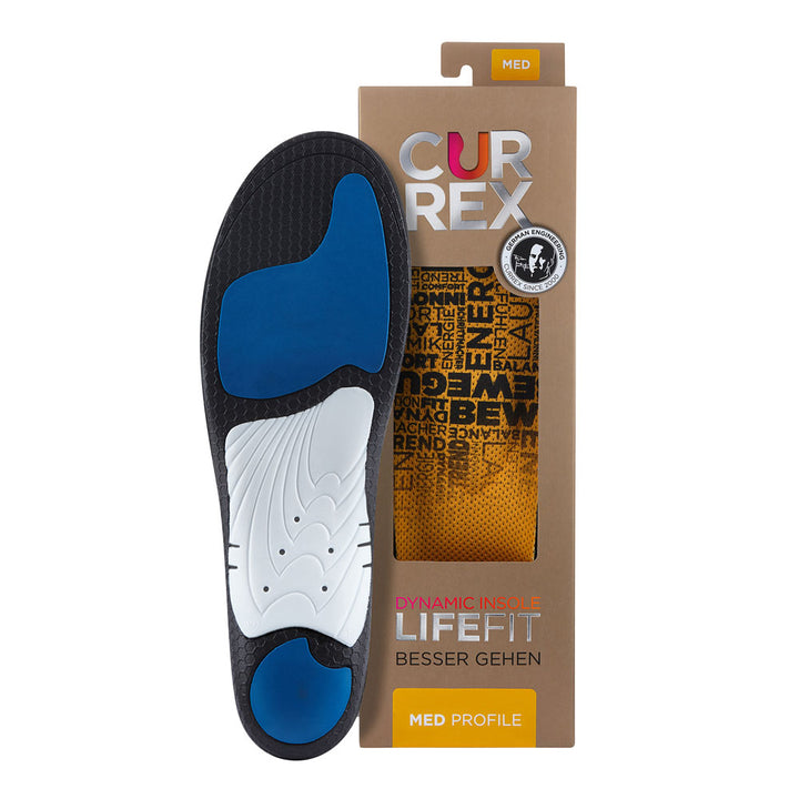 CURREX LIFEFIT insole with black, white, and blue base next to tan box with yellow insole inside #1-wahle-dein-profil_med