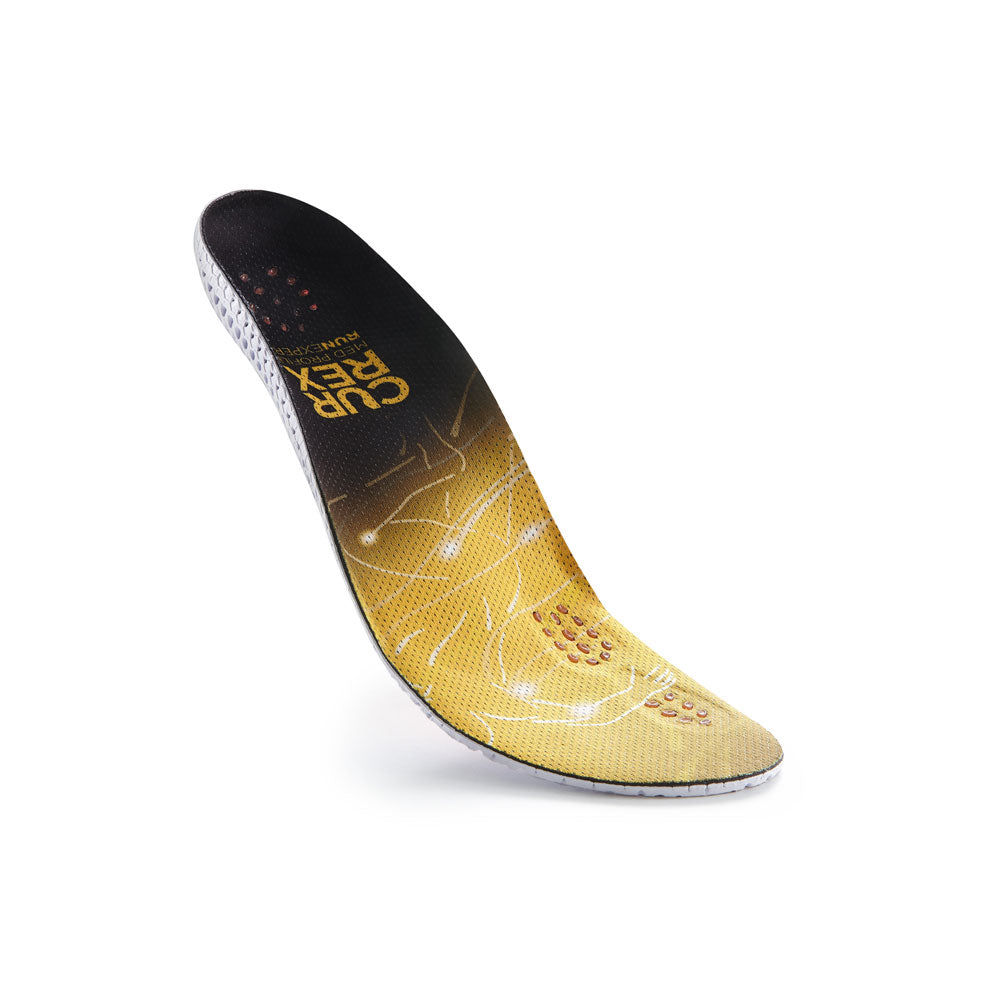 Floating top view of yellow colored RUNEXPERT medium profile insoles with white and orange base #1-wahle-dein-profil_med