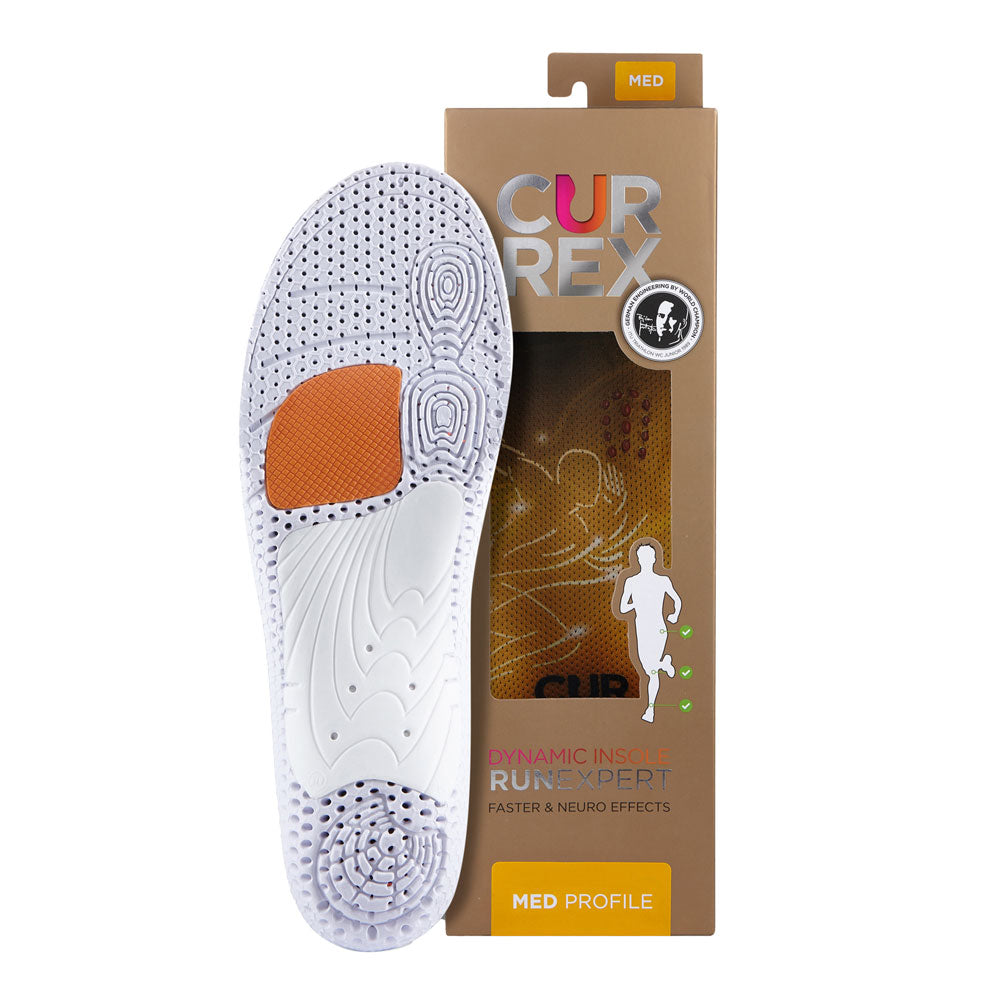 CURREX RUNEXPERT insole with white and orange base next to black box with yellow insole inside #1-wahle-dein-profil_med