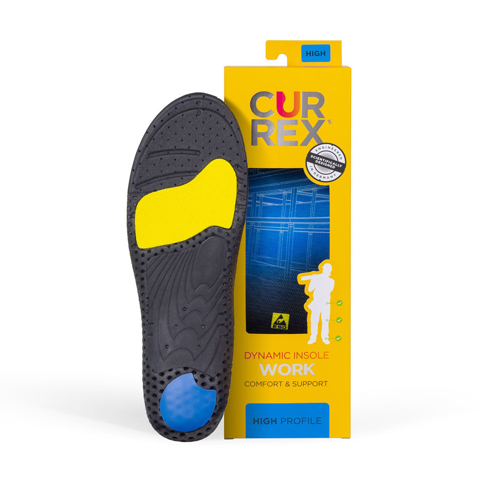 CURREX WORK insole with black, yellow, and blue base next to black box with blue insole inside #1-wahle-dein-profil_high