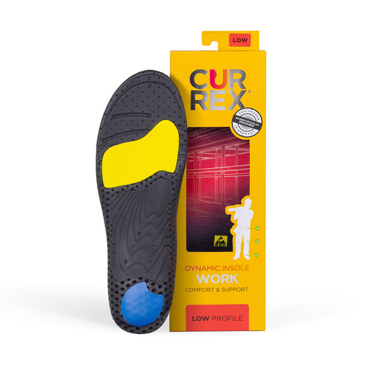 CURREX WORK insole with black, yellow, and blue base next to yellow/orange box with red insole inside #1-wahle-dein-profil_low