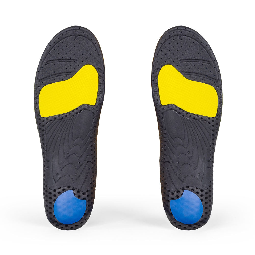 Base view of WORK high profile insole pair with black arch support, blue heel pad, yellow forefoot cushioning pad, black base #1-wahle-dein-profil_high